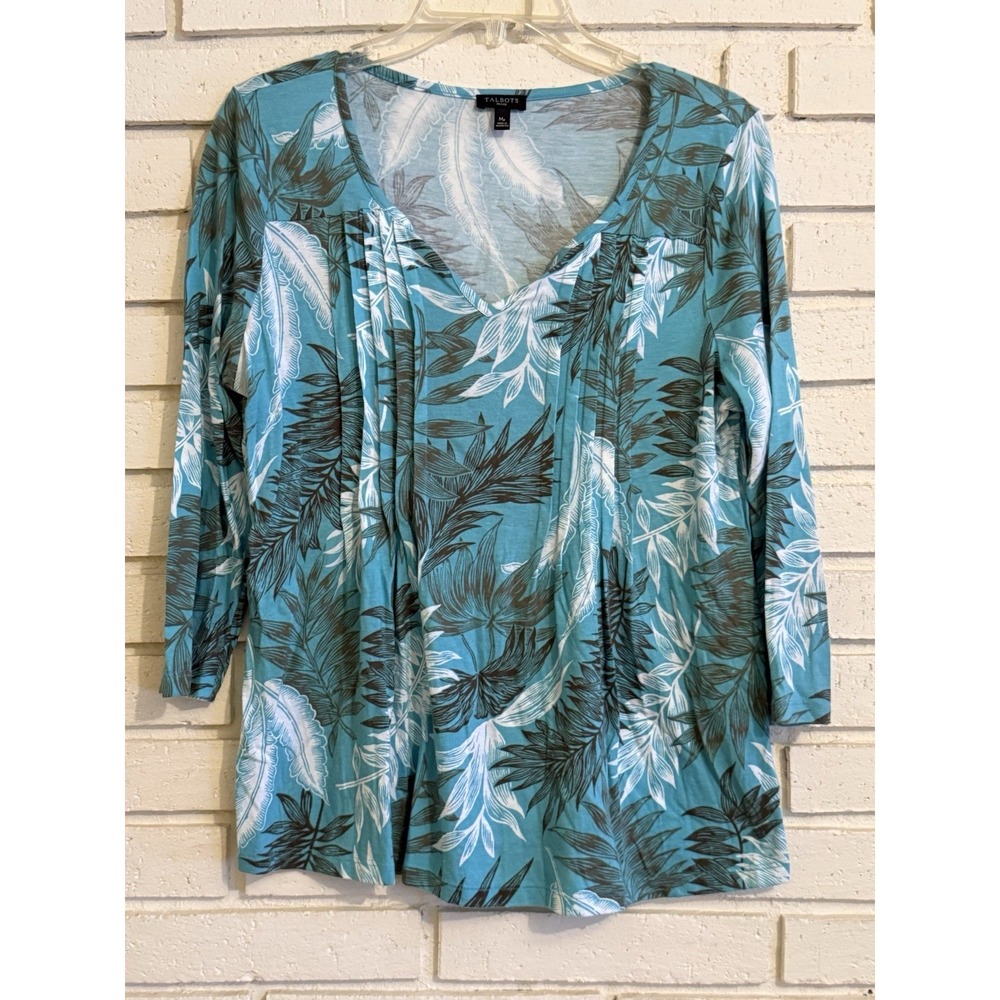 Talbots Pleated Turquoise Palm Frond 3/4 Sleeve Split Neck Top Size Mp